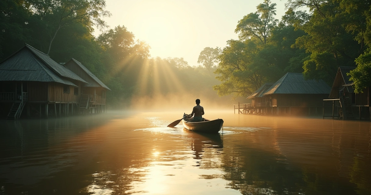 Canoa navegando em rio cercado por floresta e casas de comunidade ribeirinha na Amazônia 