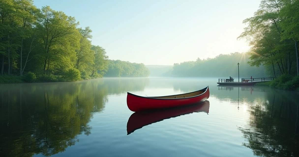 Canoa vermelha em lago calmo rodeado por natureza em parque de Orlando 