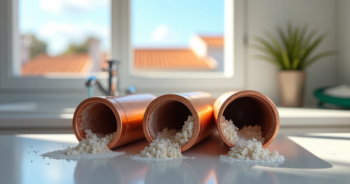 Canos parcialmente cortados com calcário acumulado numa casa do Algarve 