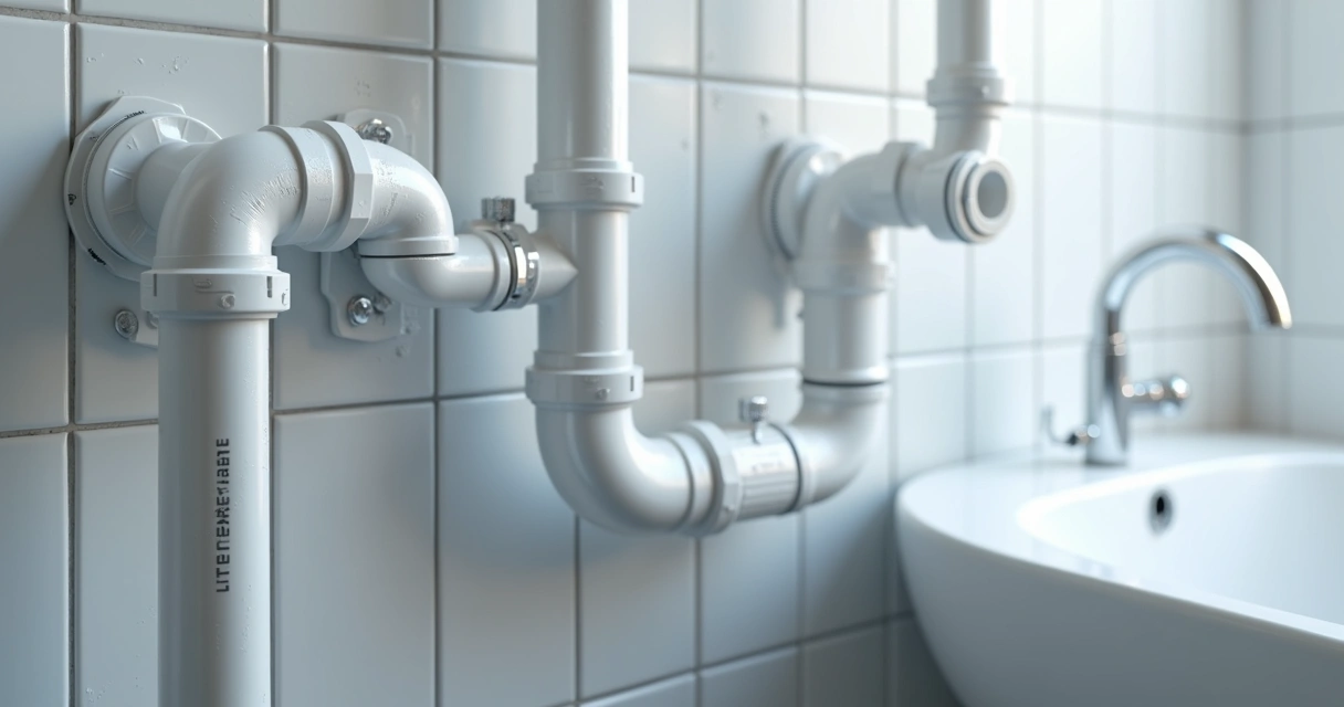 Canos de esgoto limpos e alinhados numa parede de casa de banho 