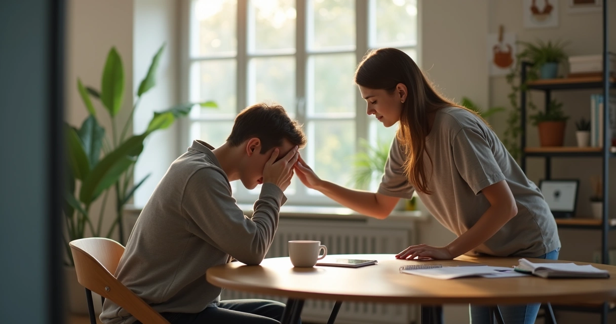 Profissional cansado sendo acolhido por colega em escritório calmo 
