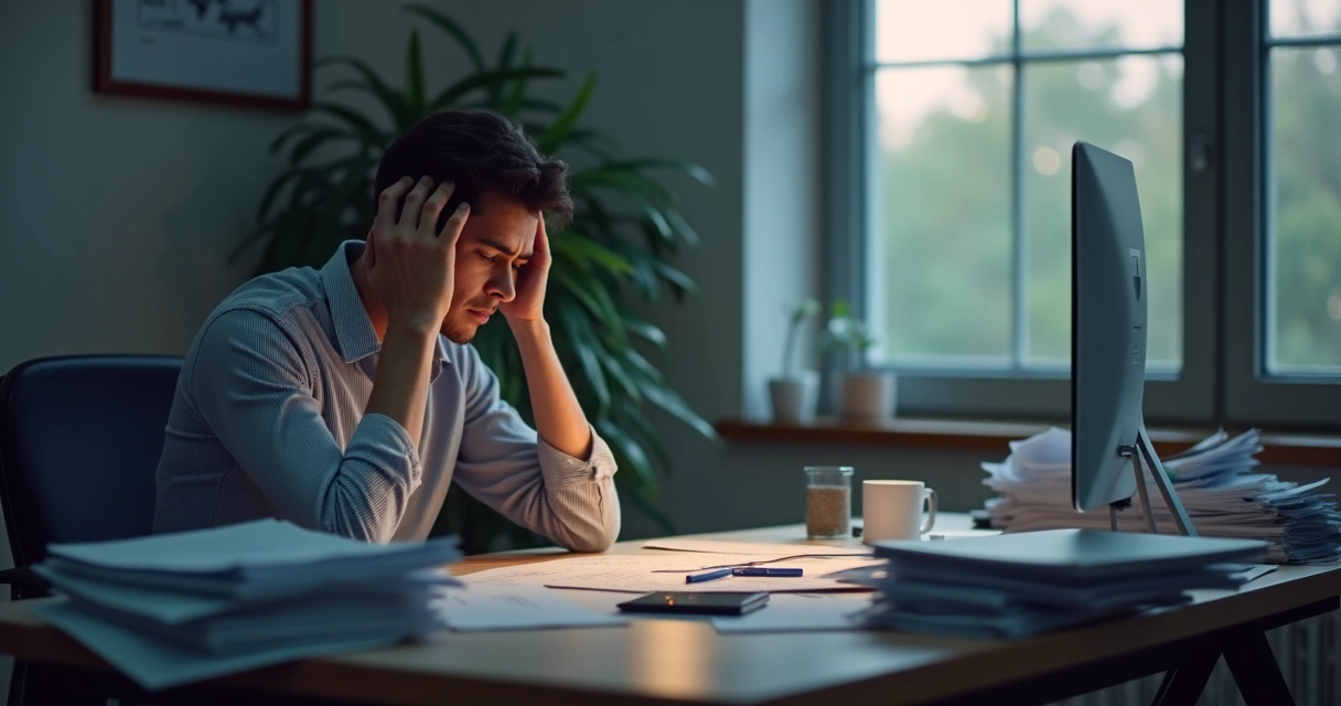 Pessoa exausta apoiando a testa na mão em mesa de escritório. 