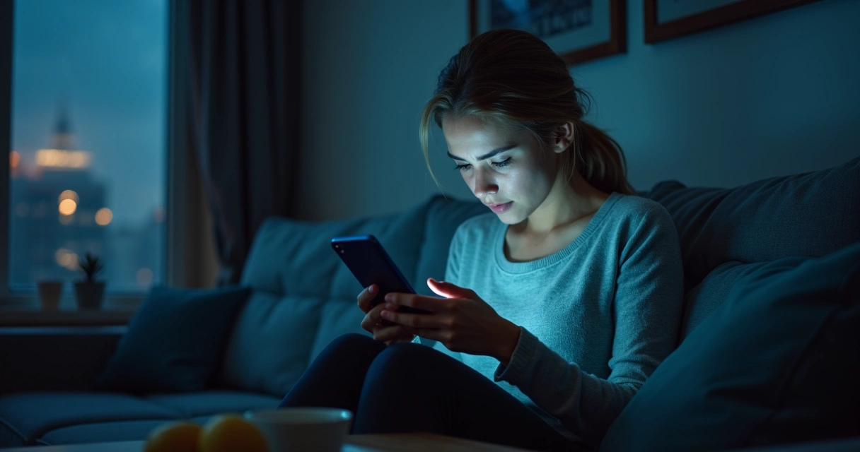 Mulher olhando cansada para tela do celular com várias notificações na tela. 