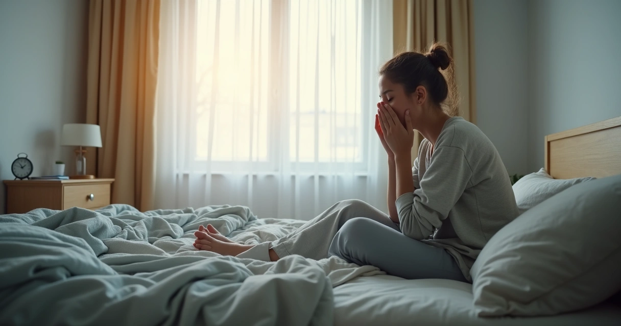 Pessoa cansada sentada na cama pela manhã com luz suave 