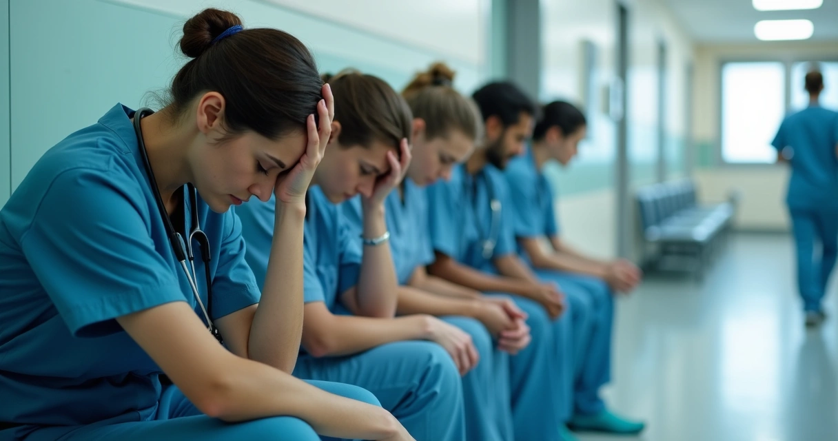 Equipe médica exausta sentada em banco de hospital 