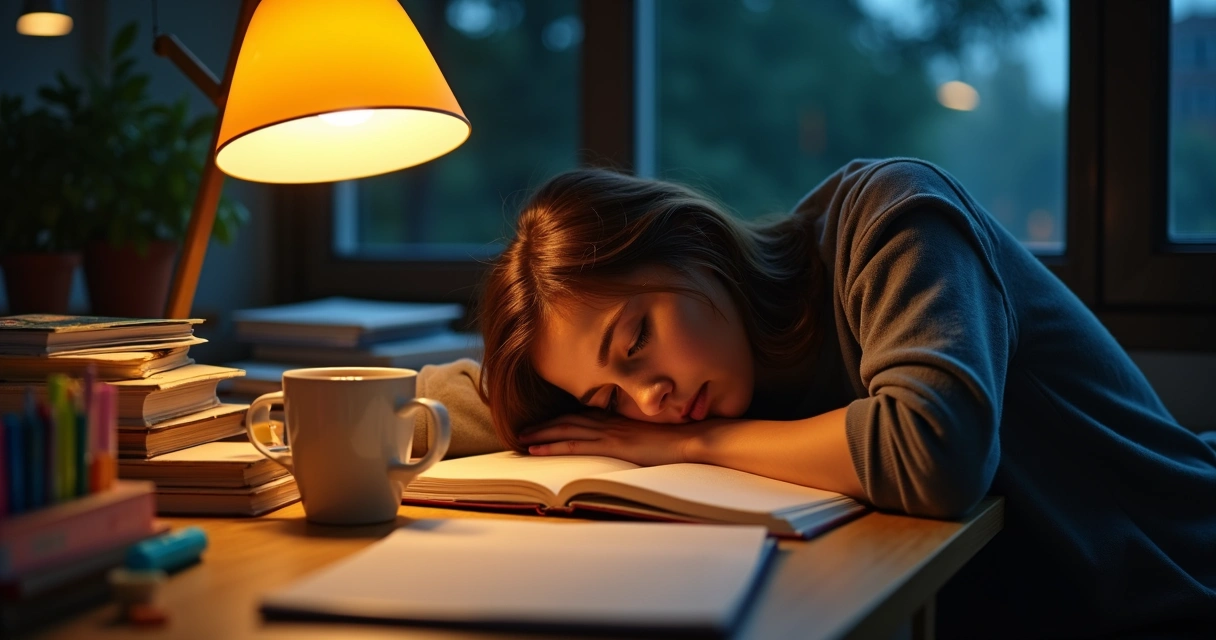 Pessoa exausta estudando à noite, rodeada de livros e uma luminária.