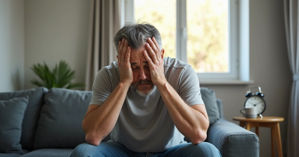 Homem sentado em sofá com rosto cansado, mãos no rosto