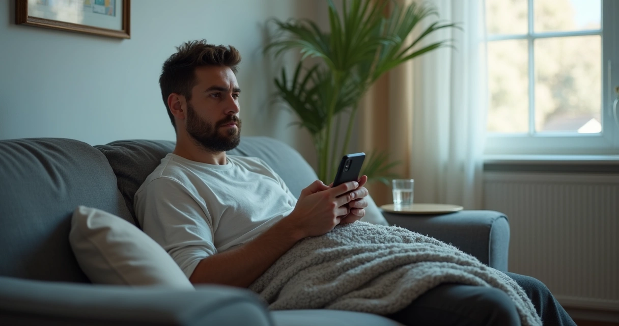 Pessoa sentada no sofá com olhar cansado e celular na mão 