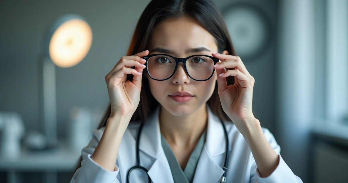 Profissional com expressão de cansaço ao final do expediente, massageando os olhos em ambiente clínico 