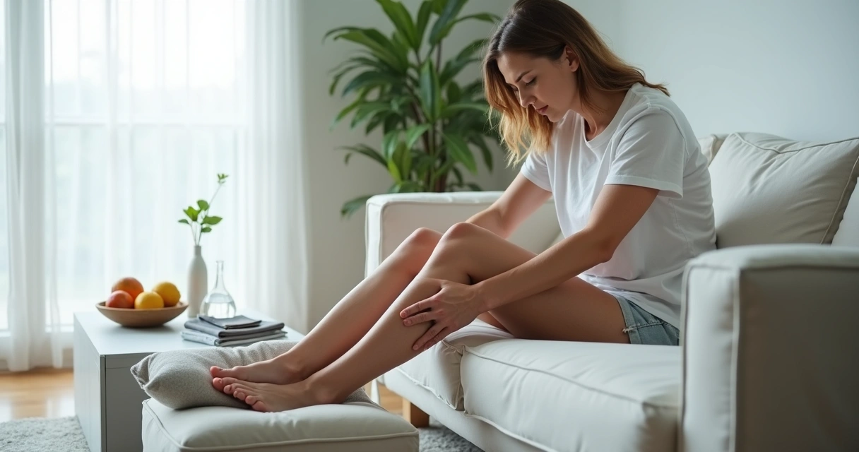 Mulher sentada no sofá massageando as pernas cansadas e inchadas 