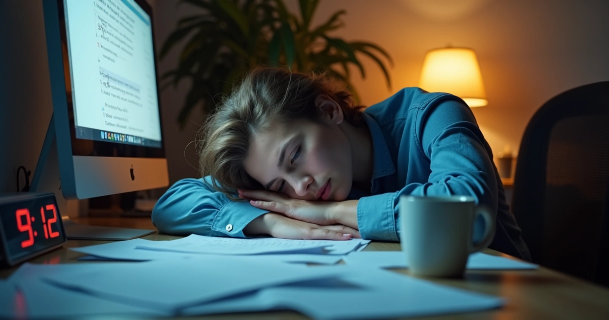 Pessoa deitada em uma mesa de escritório com expressão cansada