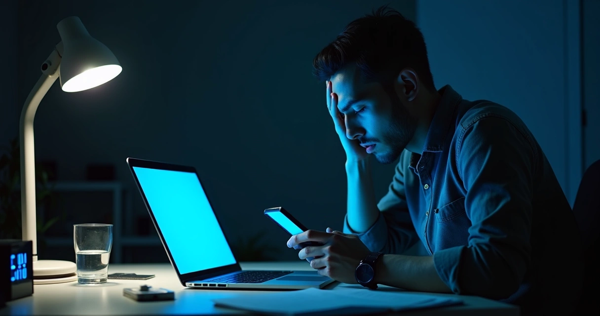 Pessoa cansada olhando para notebook e celular à noite 