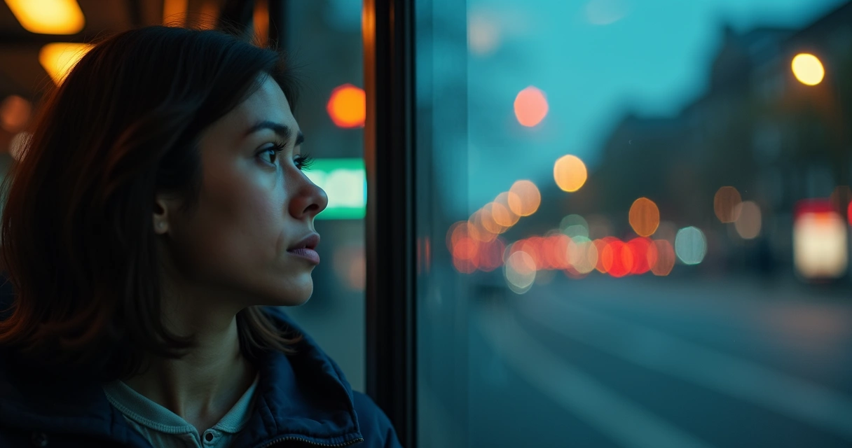 Rostro cansado reflejado en ventana con ciudad borrosa al fondo 