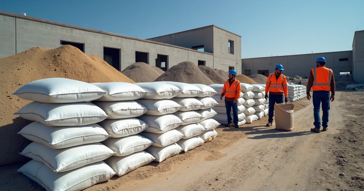 Canteiro de obras com big bags organizados ao lado de materiais de construção. 