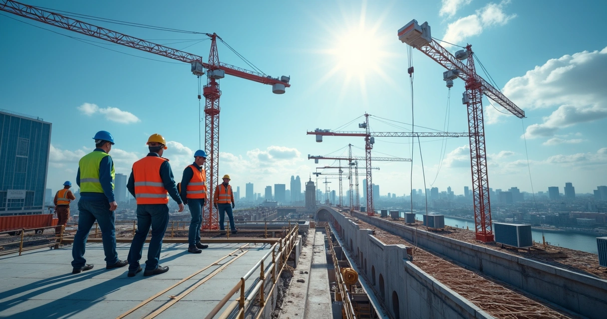 Canteiro de obras com câmeras conectadas e trabalhadores usando EPI