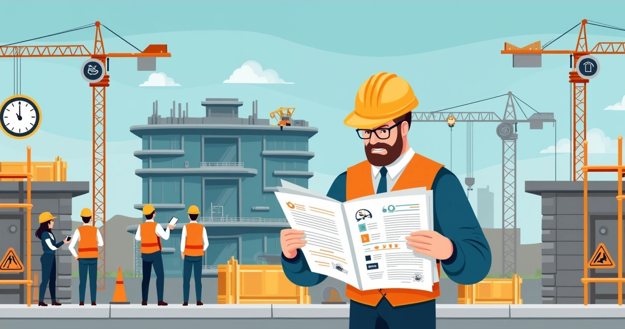 Homem estressado revisando documentos em um canteiro de obras com operários discutindo segurança.