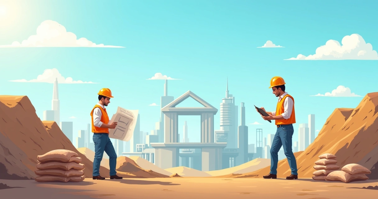 Trabalhadores em um canteiro de obras organizado, mostrando planejamento e progresso na construção.