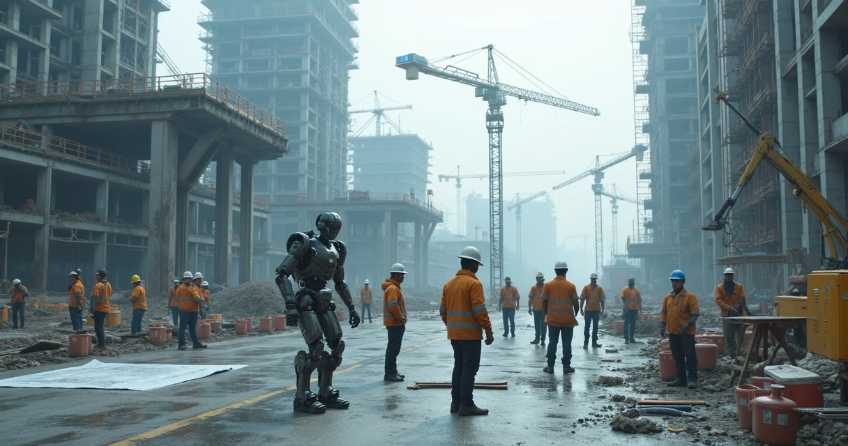 Obra moderna com trabalhadores e robôs lado a lado, mostrando dificuldades no canteiro 