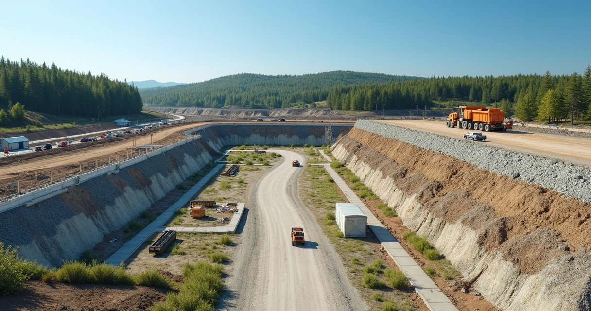 Canteiro de obra com controles ambientais visíveis 