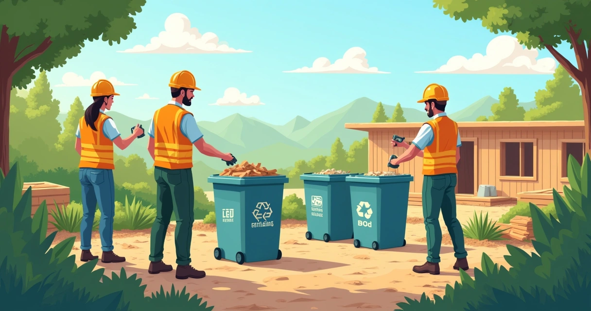 Canteiro de obras sustentável com trabalhadores, materiais recicláveis e sistema de coleta de água da chuva.