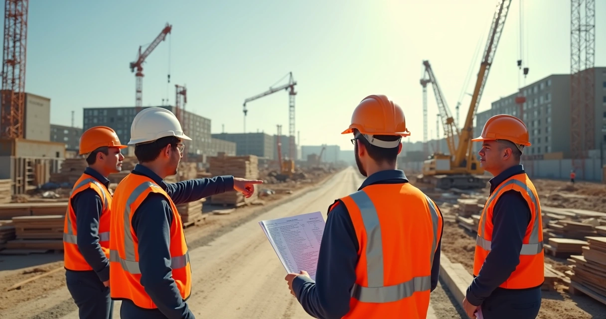 Homens com capacetes inspecionando obra civil temporária