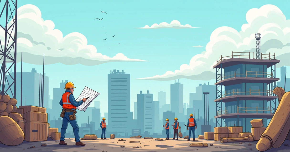 Ilustração de um canteiro de obras mostrando trabalhadores, escassez de materiais e clima ruim representando atrasos na entrega de imóveis.