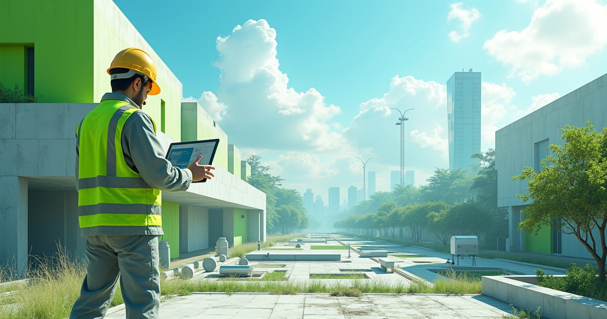 Canteiro de obras sustentáveis com impressora 3D, painel solar, e trabalhador com tablet monitorando dados.