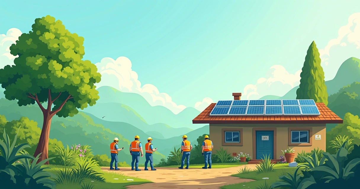 Trabalhadores em canteiro de obras sustentável com painéis solares, materiais eco-friendly e áreas verdes.