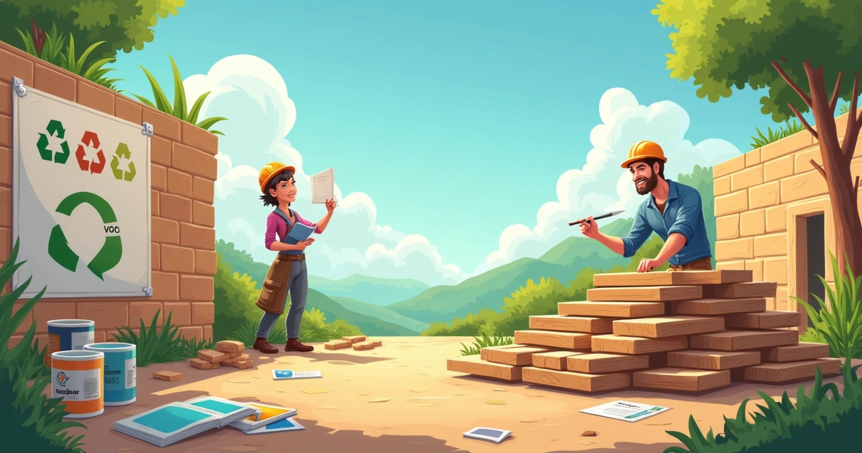 Ilustração de um canteiro de obras sustentável com materiais ecológicos e simbolismos de certificação ambiental.