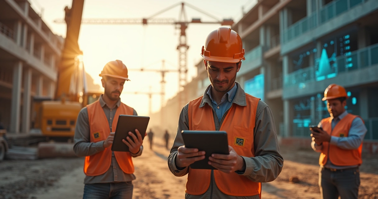 Canteiro de obras moderno com trabalhadores usando tablets e sensores 