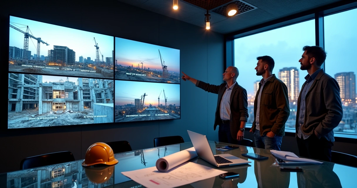 Painel de telas exibindo diferentes fases de uma obra ao lado de profissionais de engenharia debatendo gestão visual 