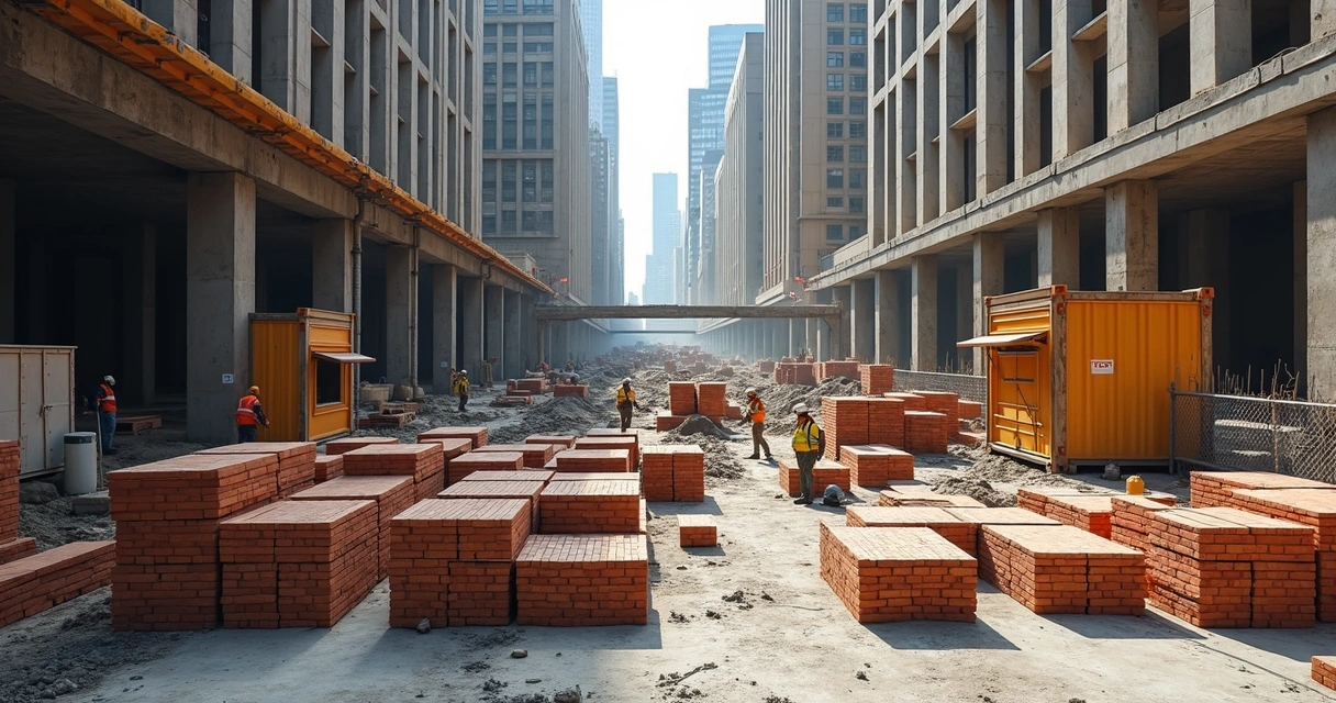 Canteiro restrito em área urbana com espaços compactos e materiais organizados 