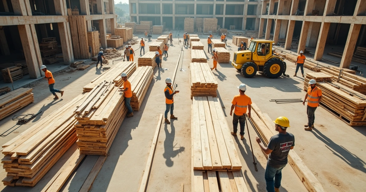Equipe movimentando materiais em canteiro de obras 