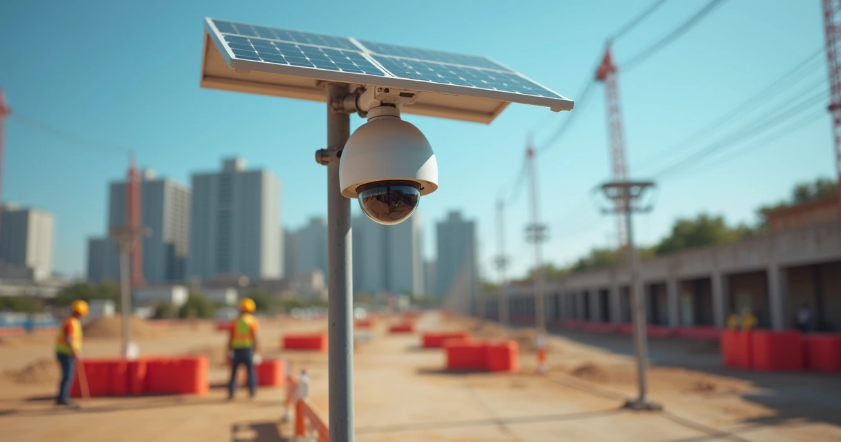 Painel solar e câmera 4G instalada em canteiro de obras, fundo de obra urbana 