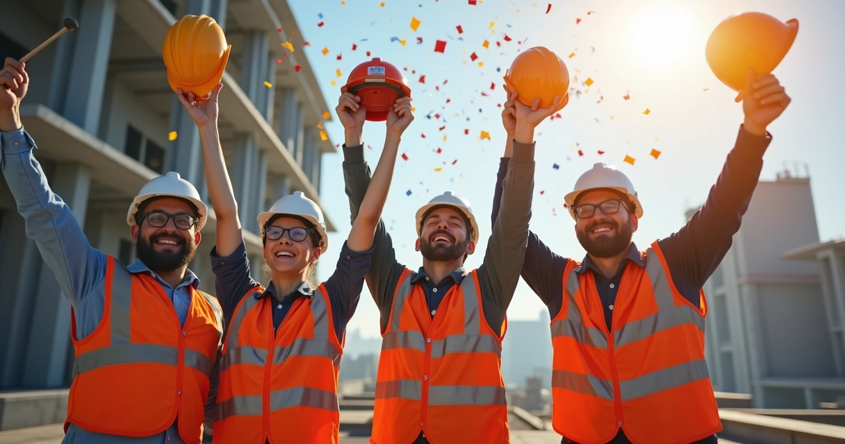 Equipe celebrando conclusão de obra segura
