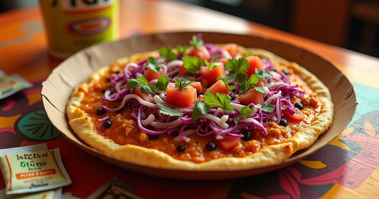 Cantina Chicken Mexican Pizza do Taco Bell servida em mesa colorida com sachês de molho ao lado 