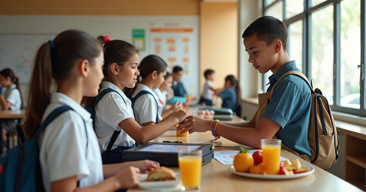 Aluno pagando lanche na cantina escolar com pulseira cashless e fila organizada ao fundo 