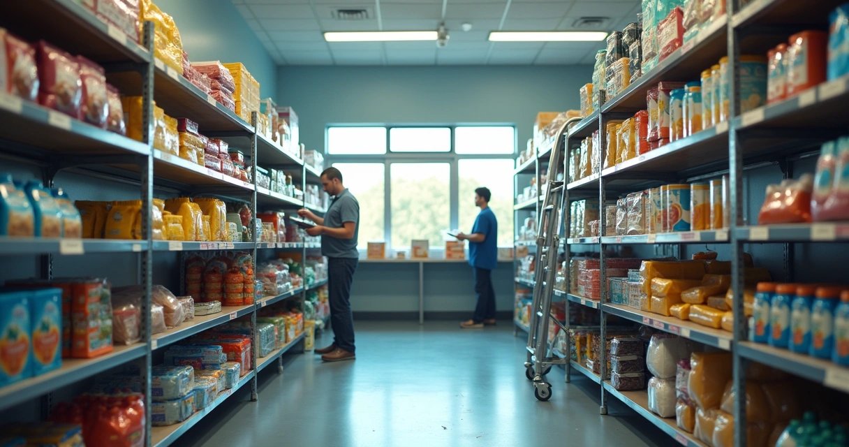 Estoque organizado com prateleiras e produtos em cantina escolar 
