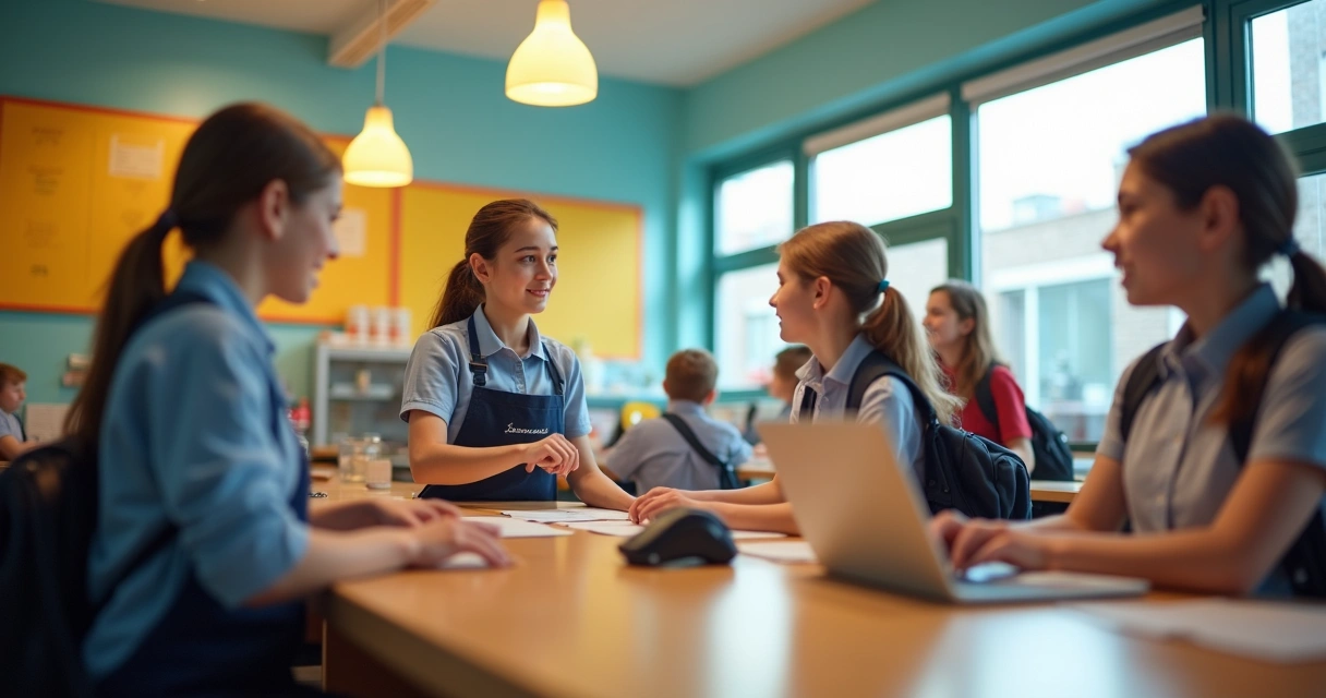 Atendente usando sistema digital em cantina escolar, alunos na fila organizada 
