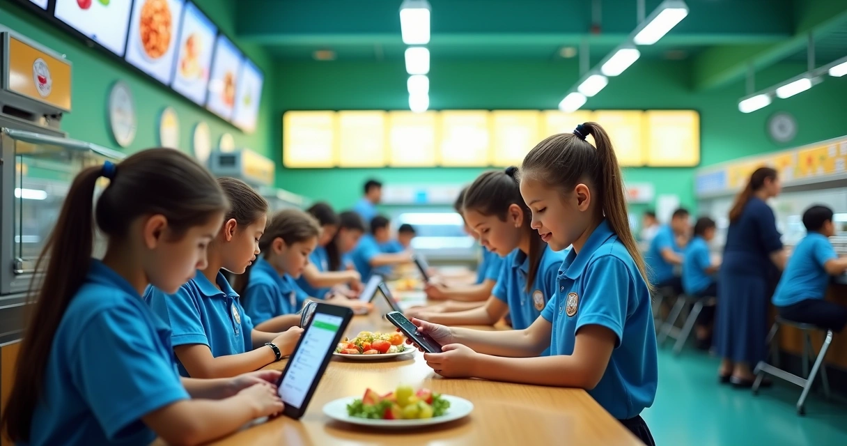 Alunos em fila na cantina escolar usando tablets para pagamentos digitais 
