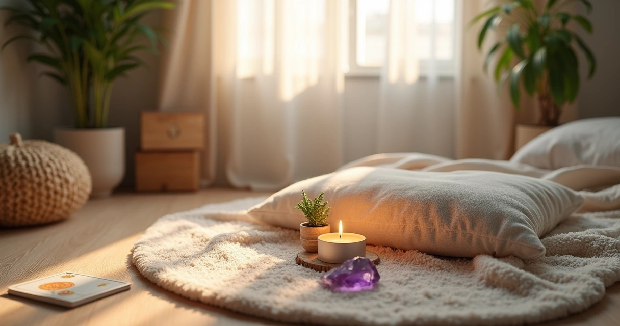 Cantinho de autocuidado pequeno com almofada, vela, plantas e cristal sobre tapete em quarto compacto