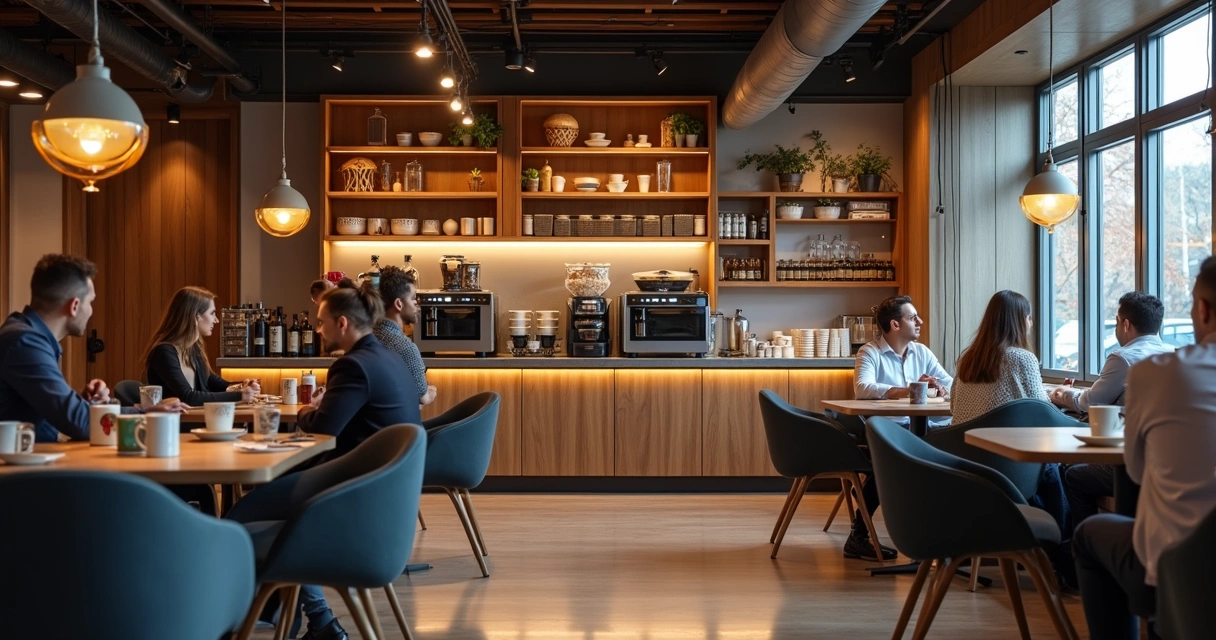 Espaço de café moderno e aconchegante em empresa 