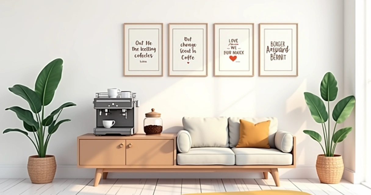 Cantinho do café moderno integrado à sala com plantas e quadros 
