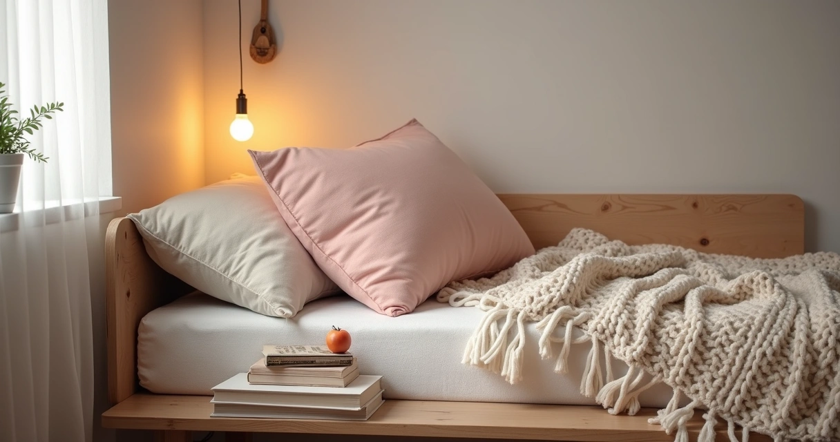 Cantinho de conforto em quarto com almofadas, manta e luz suave 