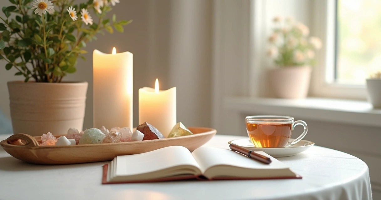 Cantinho acolhedor com velas, cristais e bloco de notas