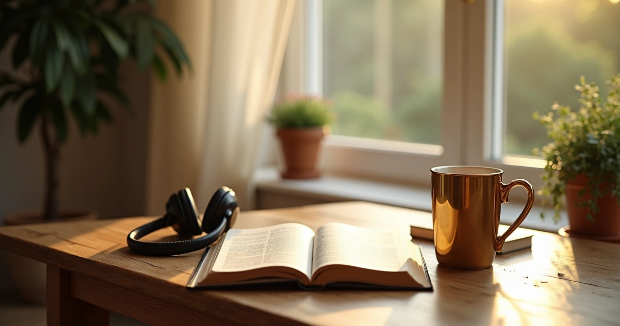 Espaço aconchegante com bíblia, caderno, caneca dourada e fone de ouvido ao lado de janela iluminada 