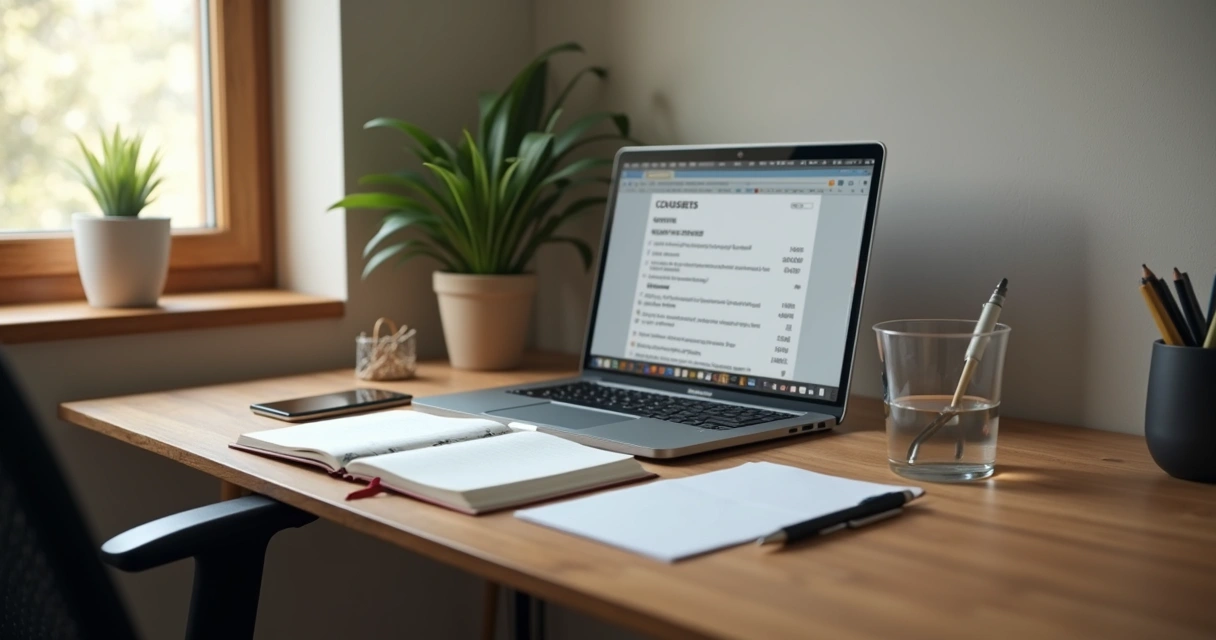 Mesa organizada com notebook e caderno para estudo online 
