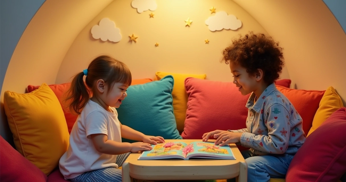 Espaço de leitura aconchegante e colorido com almofadas, livros sensoriais e uma criança interagindo.
