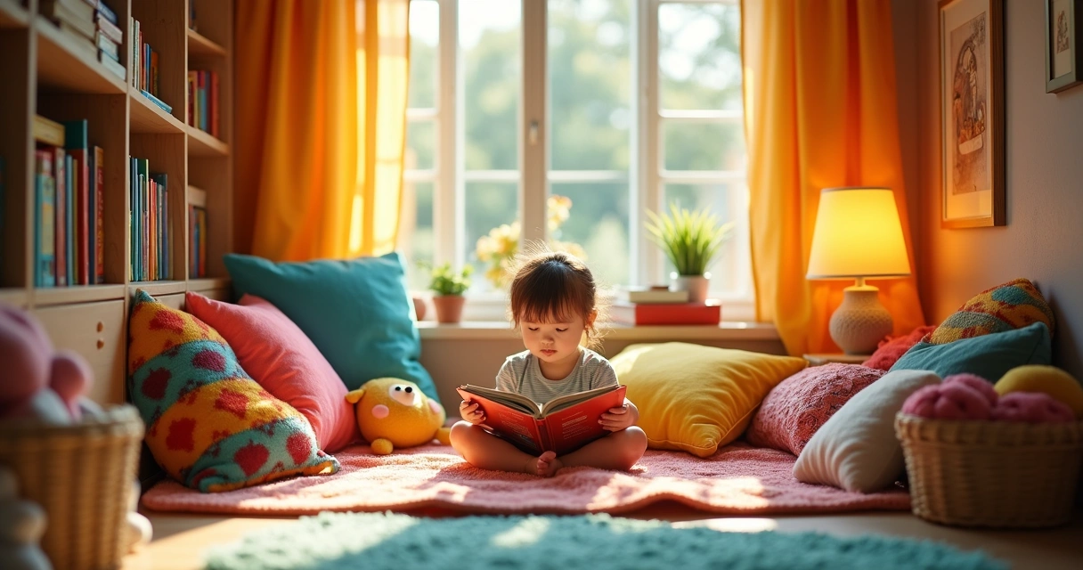 Cantinho de leitura infantil com almofadas, livros e luz suave
