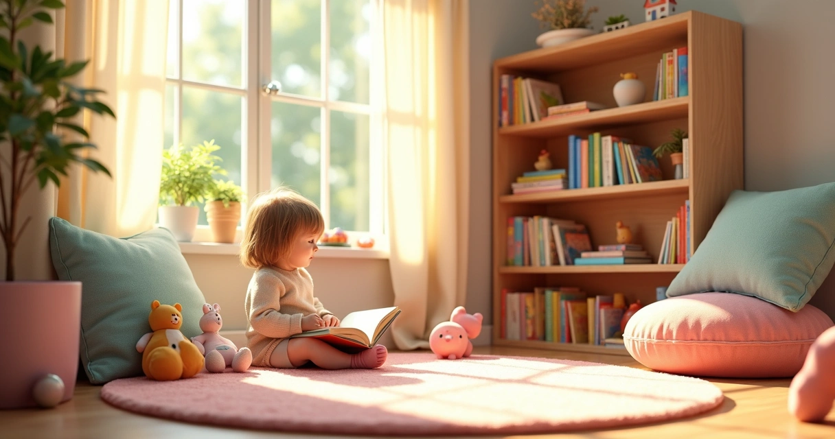 Cantinho da leitura com almofadas e prateleira infantil 